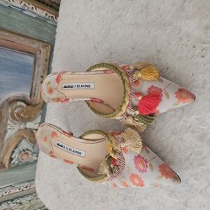 Manolo Blahnik Floral Tassel Mules in Cream and Multicolor
